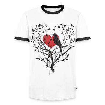 Baum mit Herz und die Silhouette eines Vogels, Liebe - Männer Kontrast-T-Shirt - Weiß/Schwarz - Vorne - AI Model Female 172 light (172cm) & AI Model Male 178 dark (178cm)
