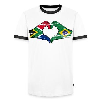 Afrique du Sud Brésil Drapeau Mains Coeur Forme D’occasion - T-shirt contrasté Homme - blanc/noir - Devant - AI Model Female 172 light (172cm) & AI Model Male 178 dark (178cm)
