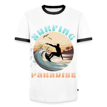 Surfing Paradise - Surfing Lovers Gift Idea - Men's Ringer Shirt - white/black - Front - AI Model Female 172 light (172cm) & AI Model Male 178 dark (178cm)