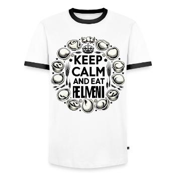 Keep Calm and Eat Pelmeni Russian Gift - Men's Ringer Shirt - white/black - Front - AI Model Female 172 light (172cm) & AI Model Male 178 dark (178cm)