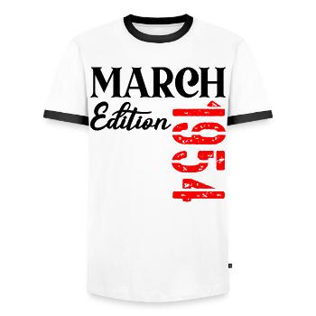 Geburtstag März 1954 – 73. Jahrestag - Männer Kontrast-T-Shirt - Weiß/Schwarz - Vorne - AI Model Female 172 light (172cm) & AI Model Male 178 dark (178cm)