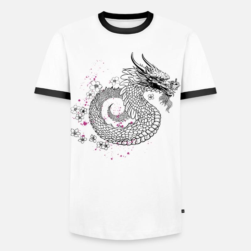 Drache mit Kirschblüten Sakura Style - Männer Kontrast-T-Shirt - Weiß/Schwarz