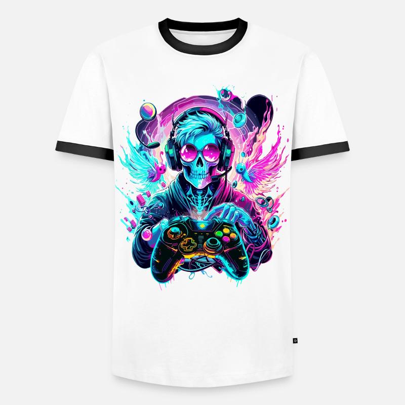 Synthwave Skull Gaming Controller Art - Men's Ringer Shirt - white/black