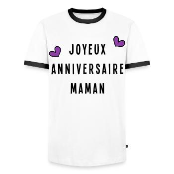 MOM. HAPPY BIRTHDAY - Men's Ringer Shirt - white/black - Front - AI Model Female 172 light (172cm) & AI Model Male 178 dark (178cm)