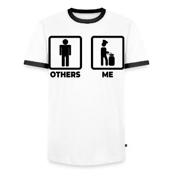 Me as a cook - Men's Ringer Shirt - white/black - Front - AI Model Female 172 light (172cm) & AI Model Male 178 dark (178cm)