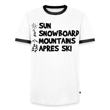 Sun, Snowboard, Mountains, Après-ski - Men's Ringer Shirt - white/black - Front - AI Model Female 172 light (172cm) & AI Model Male 178 dark (178cm)