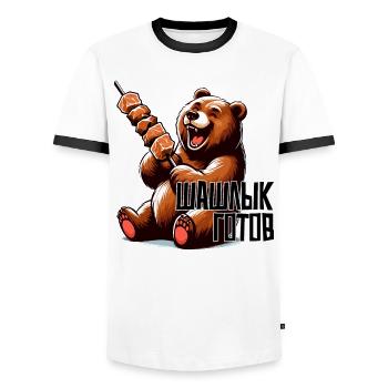 Le shish kebab d’ours sucré est prêt à être grillé - T-shirt contrasté Homme - blanc/noir - Devant - AI Model Female 172 light (172cm) & AI Model Male 178 dark (178cm)