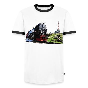 Steam locomotive on the Brocken in the Harz Mountains - Men's Ringer Shirt - white/black - Front - AI Model Female 172 light (172cm) & AI Model Male 178 dark (178cm)