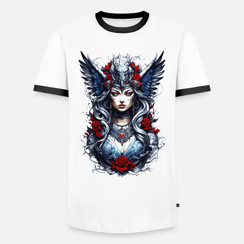 Valkyrie with Ravens, Roses, Vikings - Men's Ringer Shirt - white/black