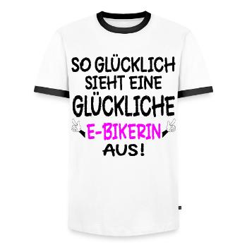 GLÜCKLICHE E-BIKE - FAHRRADFAHRERIN RAD - Männer Kontrast-T-Shirt - Weiß/Schwarz - Vorne - AI Model Female 172 light (172cm) & AI Model Male 178 dark (178cm)