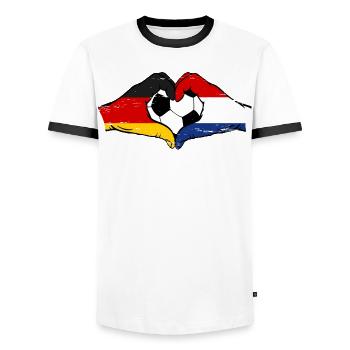 Germany Holland Football Flag Hands Heart Used - Men's Ringer Shirt - white/black - Front - AI Model Female 172 light (172cm) & AI Model Male 178 dark (178cm)