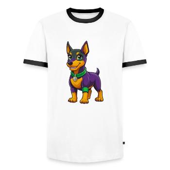 German Pinscher Dog Kawaii Cartoon Character - Men's Ringer Shirt - white/black - Front - AI Model Female 172 light (172cm) & AI Model Male 178 dark (178cm)