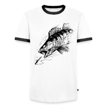 Fish of life! - Fishing Tshirt Zander Attack 2 - Men's Ringer Shirt - white/black - Front - AI Model Female 172 light (172cm) & AI Model Male 178 dark (178cm)