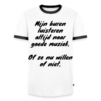 Neighbors always listen to # - Men's Ringer Shirt - white/black - Front - AI Model Female 172 light (172cm) & AI Model Male 178 dark (178cm)