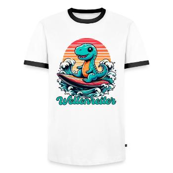 Mignon T-Rex Surfer Surfer Cadeau de surf - T-shirt contrasté Homme - blanc/noir - Devant - AI Model Female 172 light (172cm) & AI Model Male 178 dark (178cm)