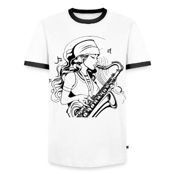 Saxophonist Drawing - Men's Ringer Shirt - white/black - Front - AI Model Female 172 light (172cm) & AI Model Male 178 dark (178cm)