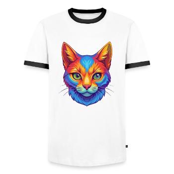 European Shorthair Cat Breed Cartoon Kawaii Animal - Men's Ringer Shirt - white/black - Front - AI Model Female 172 light (172cm) & AI Model Male 178 dark (178cm)