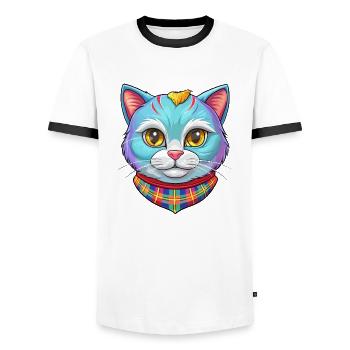 Scottish Shorthair Cat Breed Cartoon Kawaii Animal - Men's Ringer Shirt - white/black - Front - AI Model Female 172 light (172cm) & AI Model Male 178 dark (178cm)