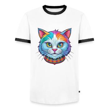 Scottish Straight Cat Breed Cartoon Kawaii Animal - Men's Ringer Shirt - white/black - Front - AI Model Female 172 light (172cm) & AI Model Male 178 dark (178cm)