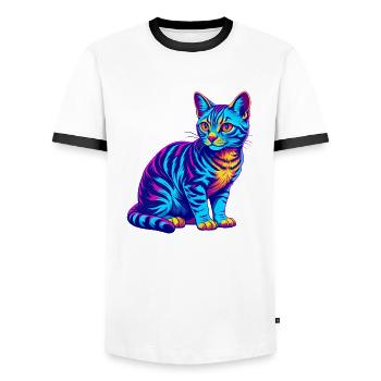Ocicat Domestic Cat Breed Cartoon Kawaii Animal Pe - Men's Ringer Shirt - white/black - Front - AI Model Female 172 light (172cm) & AI Model Male 178 dark (178cm)