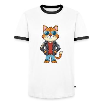 American Wirehair Funny Cartoon Kawaii Jacket Sung - Men's Ringer Shirt - white/black - Front - AI Model Female 172 light (172cm) & AI Model Male 178 dark (178cm)