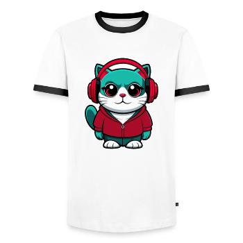 American Wirehair Cat Breed Cartoon Kawaii Animal - Men's Ringer Shirt - white/black - Front - AI Model Female 172 light (172cm) & AI Model Male 178 dark (178cm)
