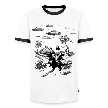 Jesus Dinosaur Meme Humor Religion Fantasy - Men's Ringer Shirt - white/black - Front - AI Model Female 172 light (172cm) & AI Model Male 178 dark (178cm)