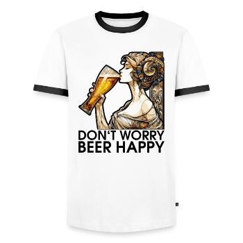 Frau trinkt Bier glücklich Geschenk - Männer Kontrast-T-Shirt - Weiß/Schwarz - Vorne - AI Model Female 172 light (172cm) & AI Model Male 178 dark (178cm)