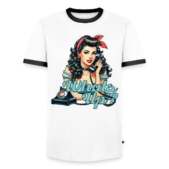 Rockabilly Woman Rotary Phone - Men's Ringer Shirt - white/black - Front - AI Model Female 172 light (172cm) & AI Model Male 178 dark (178cm)