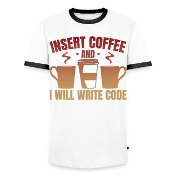Throw in coffee and write code - Men's Ringer Shirt - white/black - Front - AI Model Female 172 light (172cm) & AI Model Male 178 dark (178cm)