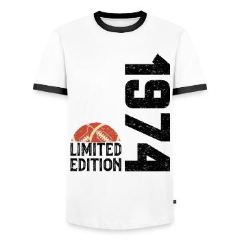 50th Anniversary 1974 Limited Edition Rugby - Men's Ringer Shirt - white/black - Front - AI Model Female 172 light (172cm) & AI Model Male 178 dark (178cm)