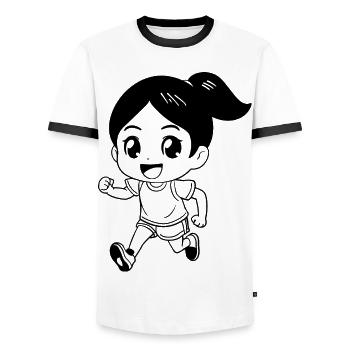 Coureuse féminine look de dessin animé - T-shirt contrasté Homme - blanc/noir - Devant - AI Model Female 172 light (172cm) & AI Model Male 178 dark (178cm)