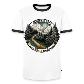 Envie de voyager : Nous suivons le chemin – Nature & Aventure - T-shirt contrasté Homme - blanc/noir - Devant - AI Model Female 172 light (172cm) & AI Model Male 178 dark (178cm)