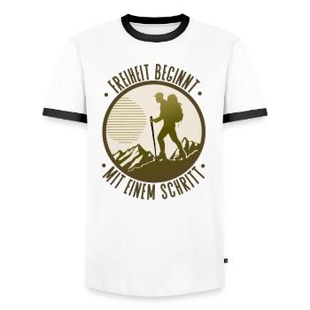 Freiheit beginnt mit einem Schritt Wandern - Männer Kontrast-T-Shirt - Weiß/Schwarz - Vorne - AI Model Female 172 light (172cm) & AI Model Male 178 dark (178cm)