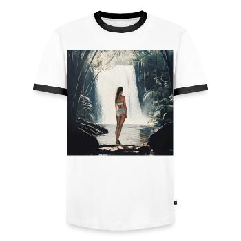 Reizende Frau am Wasserfall - Männer Kontrast-T-Shirt - Weiß/Schwarz - Vorne - AI Model Female 172 light (172cm) & AI Model Male 178 dark (178cm)