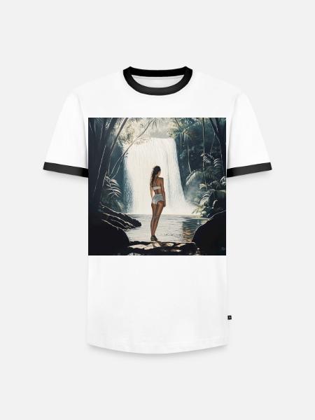 Reizende Frau am Wasserfall - Männer Kontrast-T-Shirt - Weiß/Schwarz