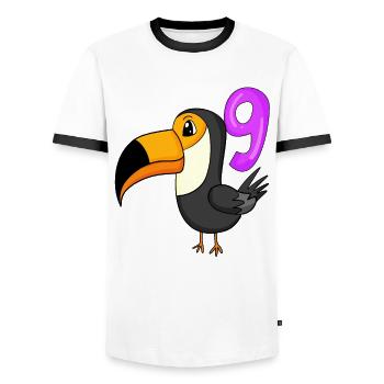 Motif 9ème Anniversaire Toucan Oiseau - 9 ans - T-shirt contrasté Homme - blanc/noir - Devant - AI Model Female 172 light (172cm) & AI Model Male 178 dark (178cm)