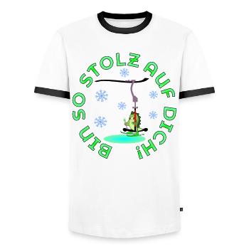 SKIANFÄNGER DINOSAURIER STOLZ SKISPORT - Männer Kontrast-T-Shirt - Weiß/Schwarz - Vorne - AI Model Female 172 light (172cm) & AI Model Male 178 dark (178cm)