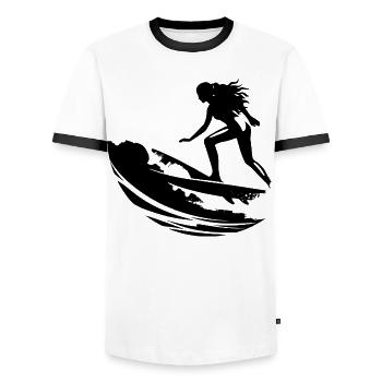 Female surfer - Men's Ringer Shirt - white/black - Front - AI Model Female 172 light (172cm) & AI Model Male 178 dark (178cm)