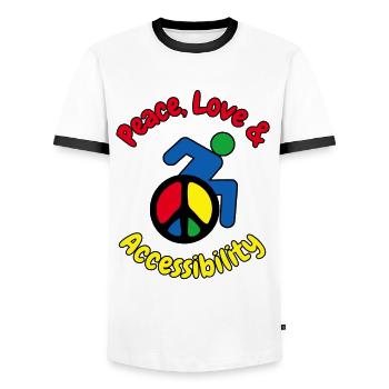 Peace, love and wheelchair accessibility # - Men's Ringer Shirt - white/black - Front - AI Model Female 172 light (172cm) & AI Model Male 178 dark (178cm)