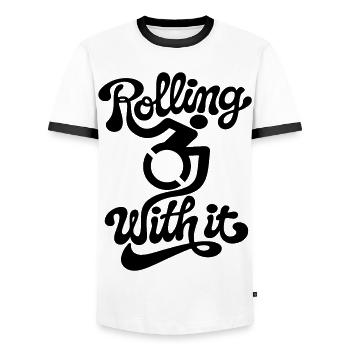 Rolling with it in my wheelchair # - Men's Ringer Shirt - white/black - Front - AI Model Female 172 light (172cm) & AI Model Male 178 dark (178cm)