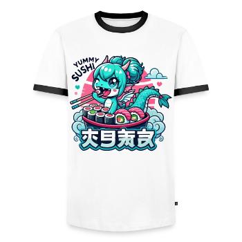 Cadeau Dragon Maki Sushi Kawaii - T-shirt contrasté Homme - blanc/noir - Devant - AI Model Female 172 light (172cm) & AI Model Male 178 dark (178cm)