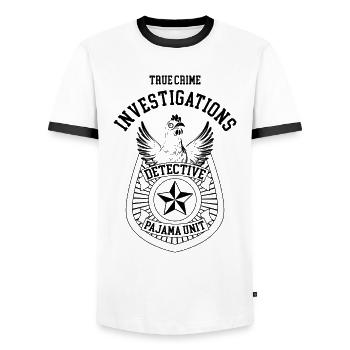 Chicken True Crime Detective Brand Gift Funny - Men's Ringer Shirt - white/black - Front - AI Model Female 172 light (172cm) & AI Model Male 178 dark (178cm)