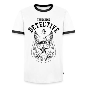 Chicken Brand True Crime Detective Gift Funny - Men's Ringer Shirt - white/black - Front - AI Model Female 172 light (172cm) & AI Model Male 178 dark (178cm)