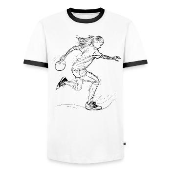 Female Bowler Drawing - Men's Ringer Shirt - white/black - Front - AI Model Female 172 light (172cm) & AI Model Male 178 dark (178cm)