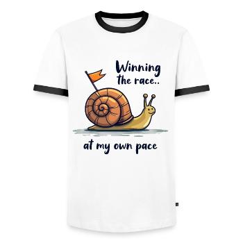 Snail with flag "Winning the race" - Men's Ringer Shirt - white/black - Front - AI Model Female 172 light (172cm) & AI Model Male 178 dark (178cm)