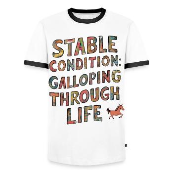 Stable condition: Galloping through life - Männer Kontrast-T-Shirt - Weiß/Schwarz - Vorne - AI Model Female 172 light (172cm) & AI Model Male 178 dark (178cm)