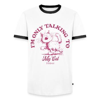 Je ne parle qu’à mon chat chat en disant chats - T-shirt contrasté Homme - blanc/noir - Devant - AI Model Female 172 light (172cm) & AI Model Male 178 dark (178cm)