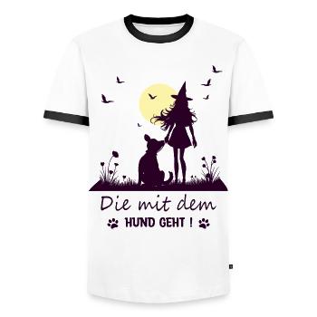 Hexe die mit dem Hund geht ! - Männer Kontrast-T-Shirt - Weiß/Schwarz - Vorne - AI Model Female 172 light (172cm) & AI Model Male 178 dark (178cm)
