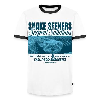 Snake Seekers – Serpent Solutions - Men's Ringer Shirt - white/black - Front - AI Model Female 172 light (172cm) & AI Model Male 178 dark (178cm)